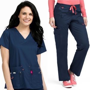 MED COUTURE SCRUBS SET NNAT Navy Blue Coral EXTRA Small Top & SM Bottoms V-neck